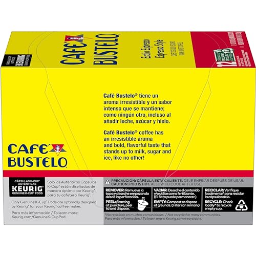 Cafe Bustelo Keurig brewing pod in a cup for fast morning coffee.