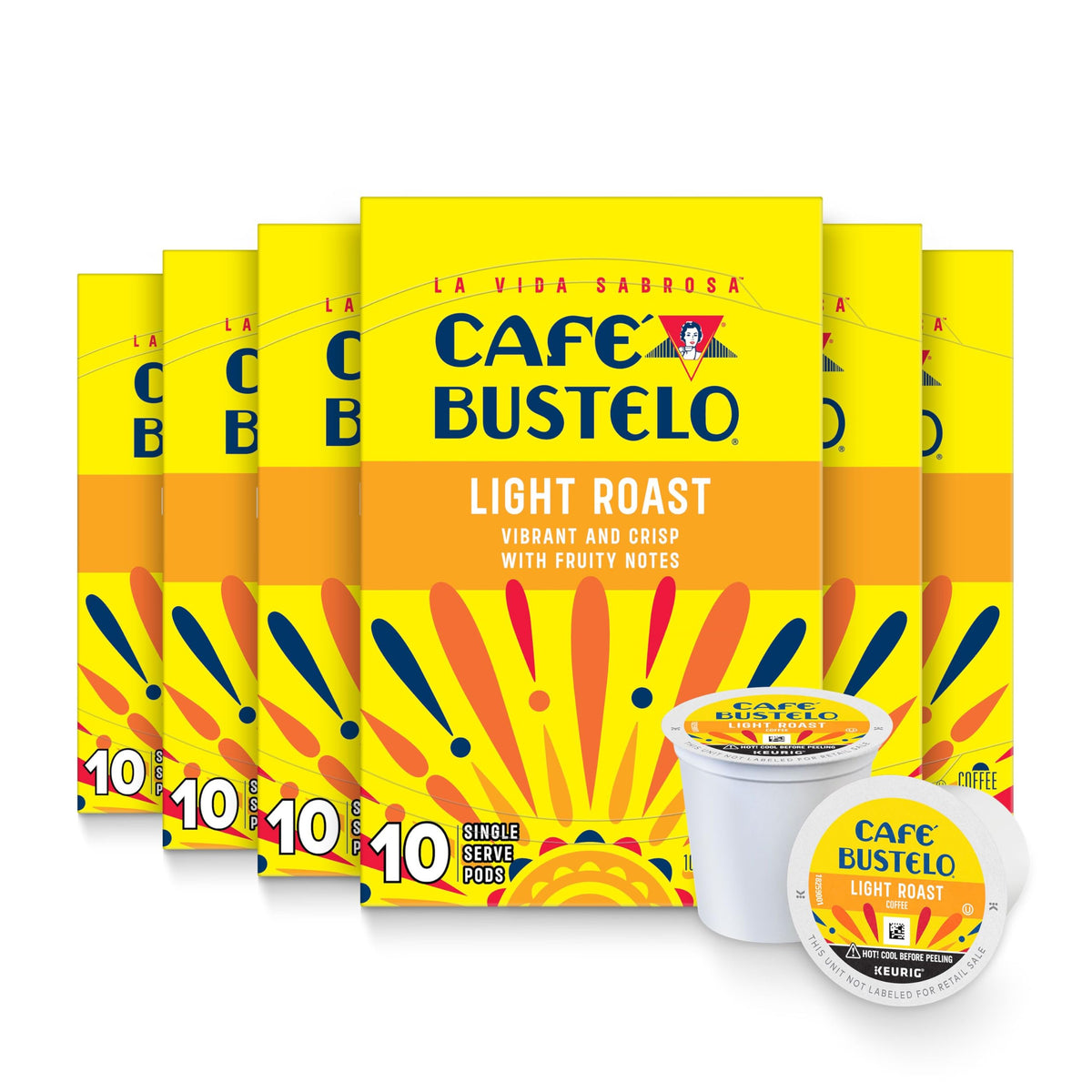 Cafe Bustelo light roast packaging showing vibrant aroma for quick morning brew