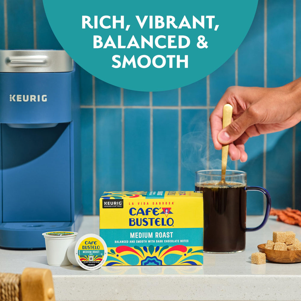 Steam rising from a cup brewed with Cafe Bustelo Medium Roast.