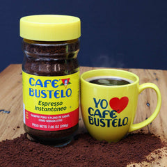 Steaming cup of Café Bustelo espresso-style coffee, rich and full-bodied.