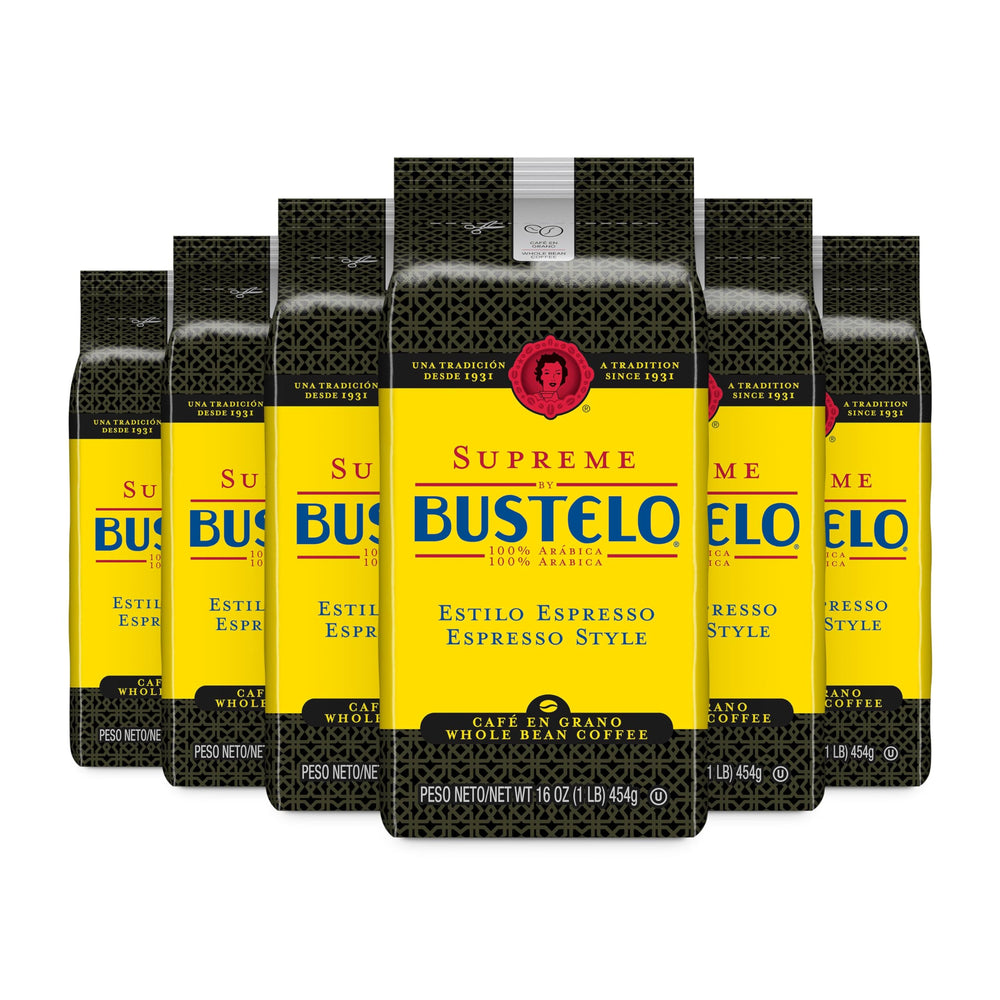 Cafe Bustelo Supreme whole bean pack six bags ideal for versatile home grinding.
