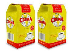 Cafe Crema medium roast coffee bag on kitchen counter, smooth flavor potential.