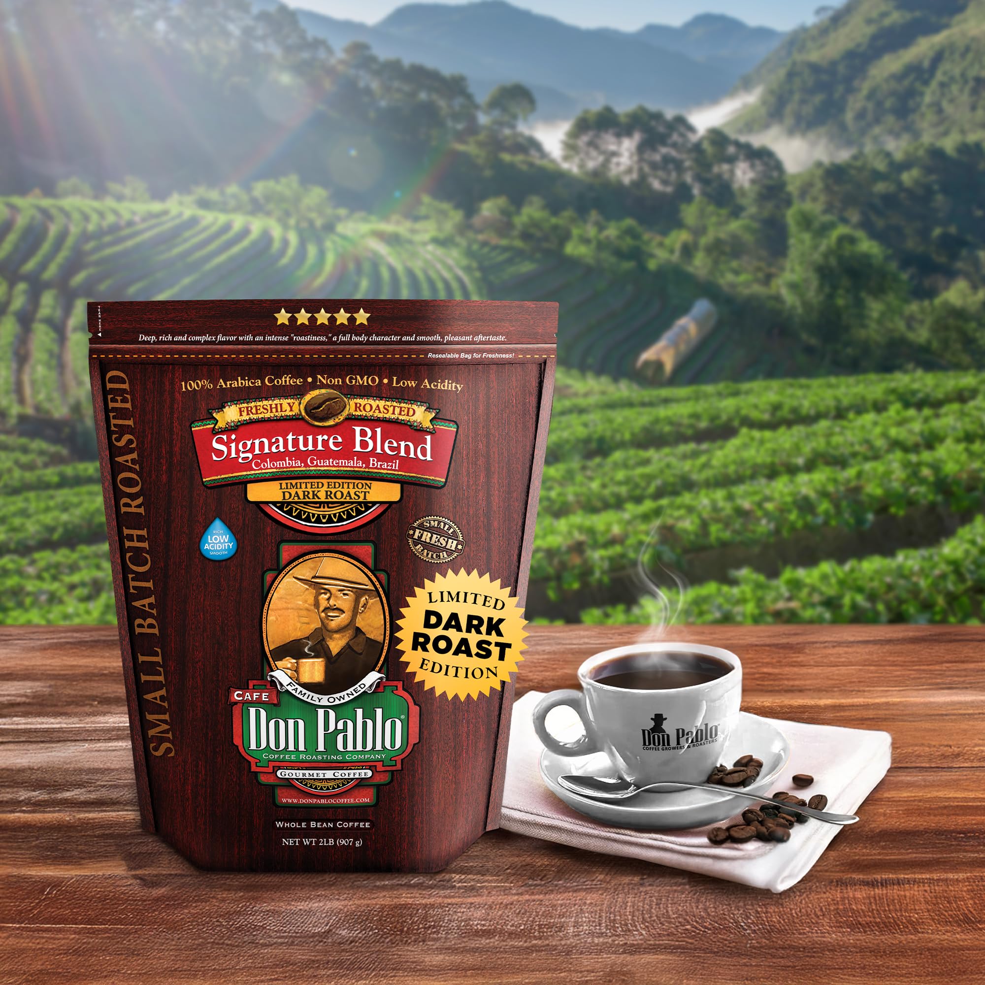 Cafe Don Pablo Signature Blend dark roast bag highlights aroma hinting at depth.