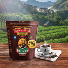 Cafe Don Pablo Signature Blend dark roast bag highlights aroma hinting at depth.