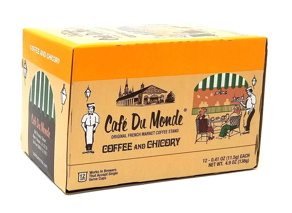 Cafe Du Monde coffee chicory pods packaging for convenient single-serve brewing.