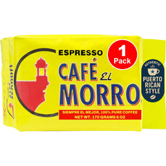 Cafe El Morro dark roast espresso ground coffee in a 6 oz bag, ideal for rich espresso.