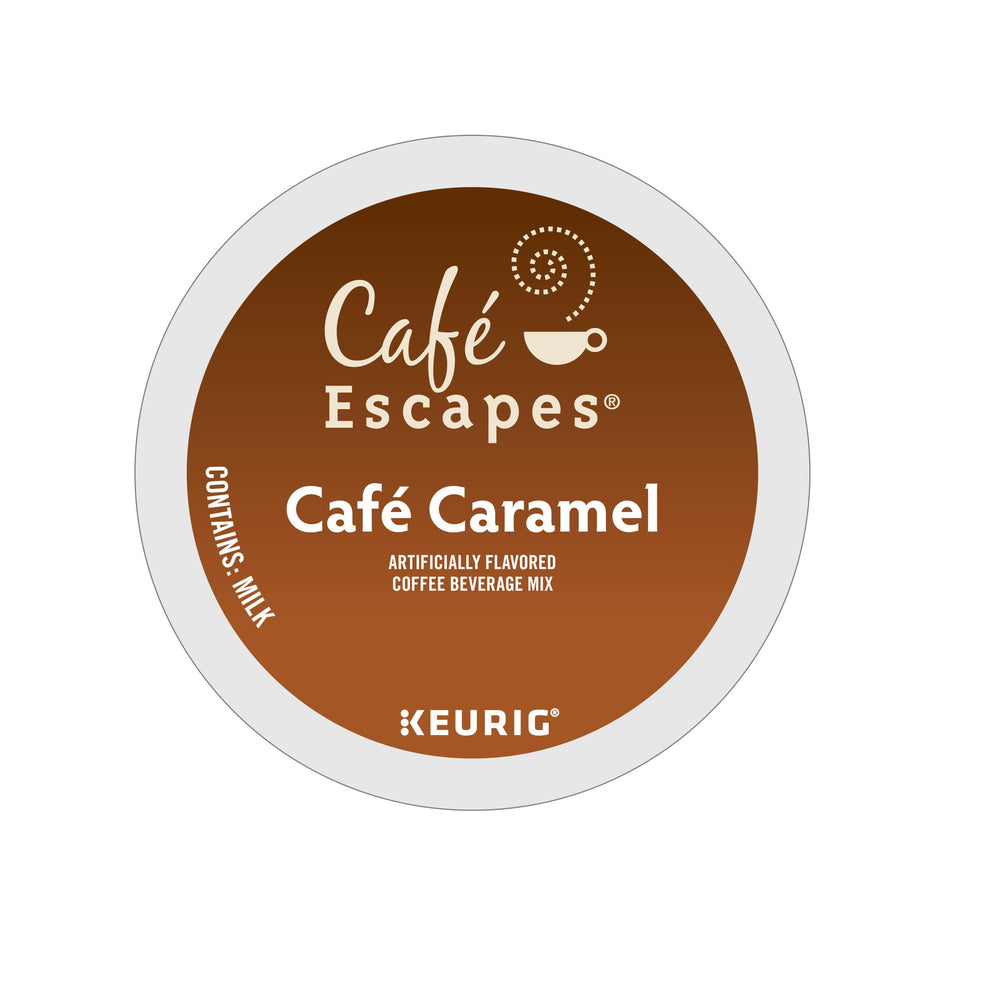 Café Escapes Café Caramel K-Cup brew closeup highlights silky caramel notes.