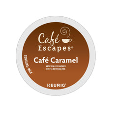 Café Escapes Café Caramel K-Cup brew closeup highlights silky caramel notes.