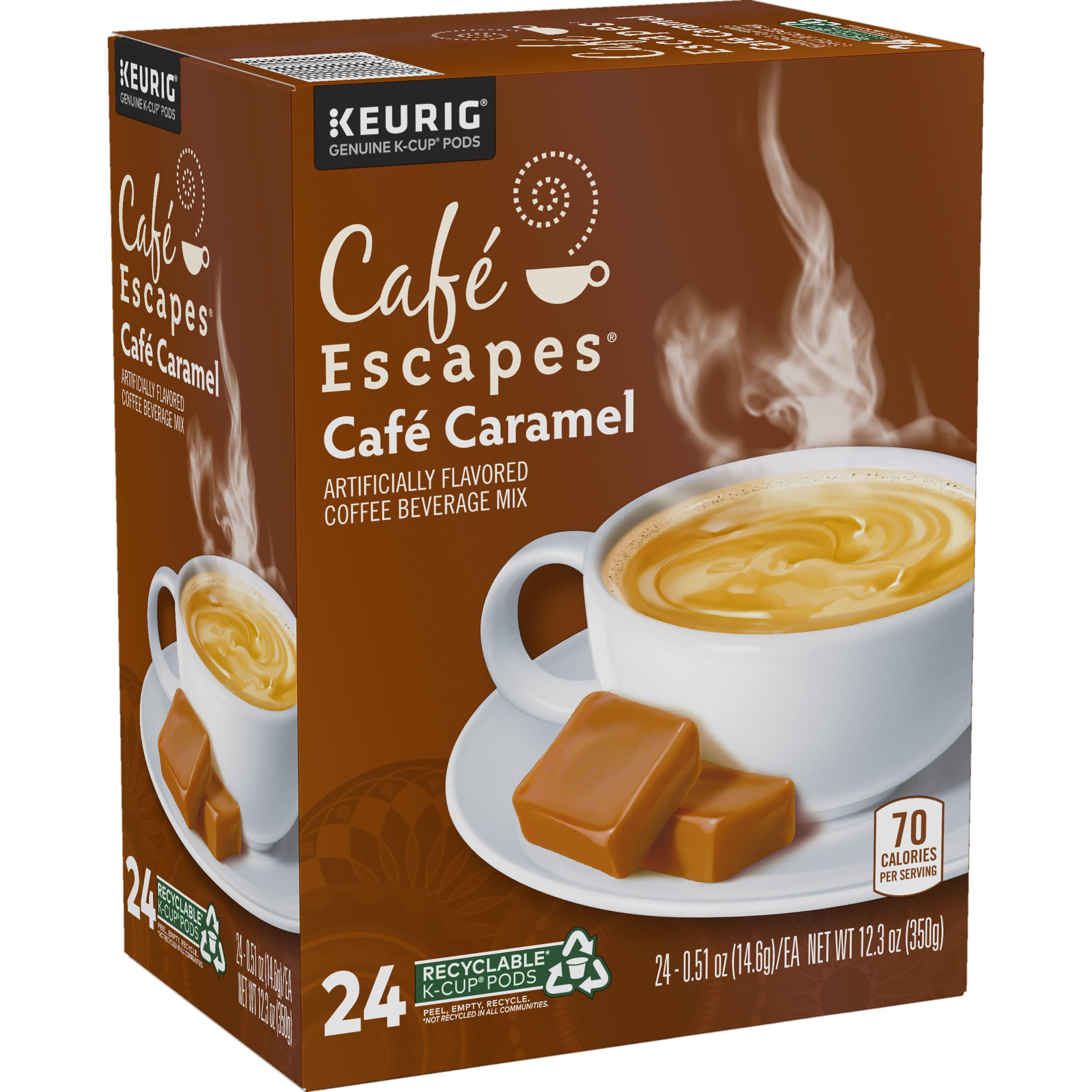 Café Escapes Café Caramel K-Cup pods with milk swirl suggest creaminess.