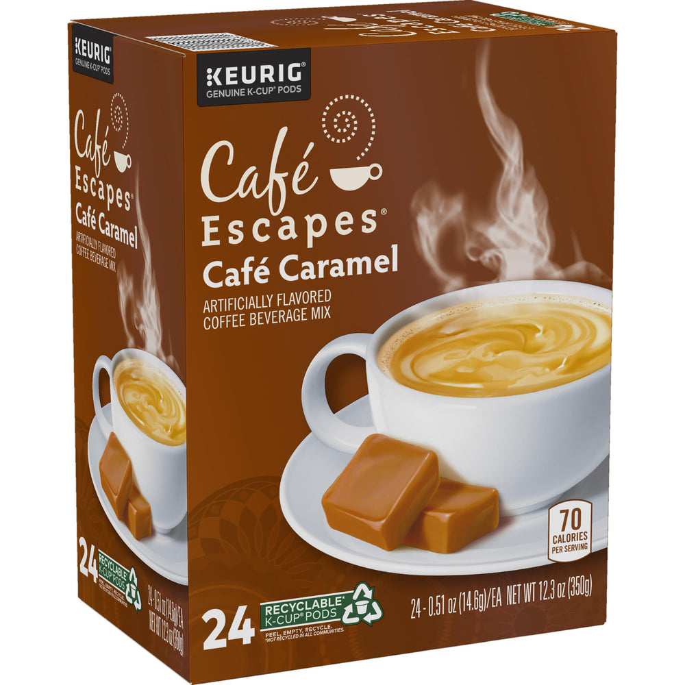 Café Escapes Café Caramel K-Cup pods with milk swirl suggest creaminess.