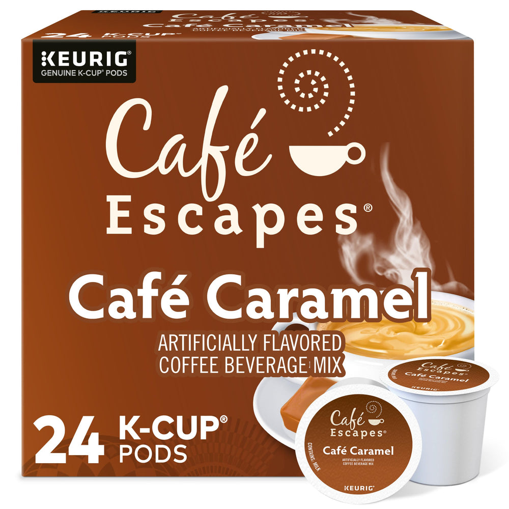Café Escapes Café Caramel K-Cup pods pack-shot for quick indulgence.