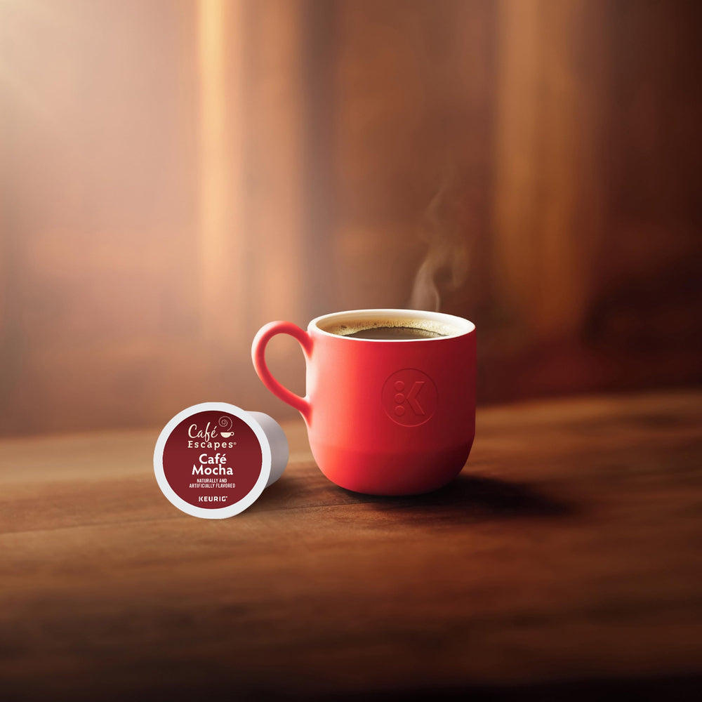 Cafe Escapes Cafe Mocha packaging shows recyclable packaging and 48 pods total