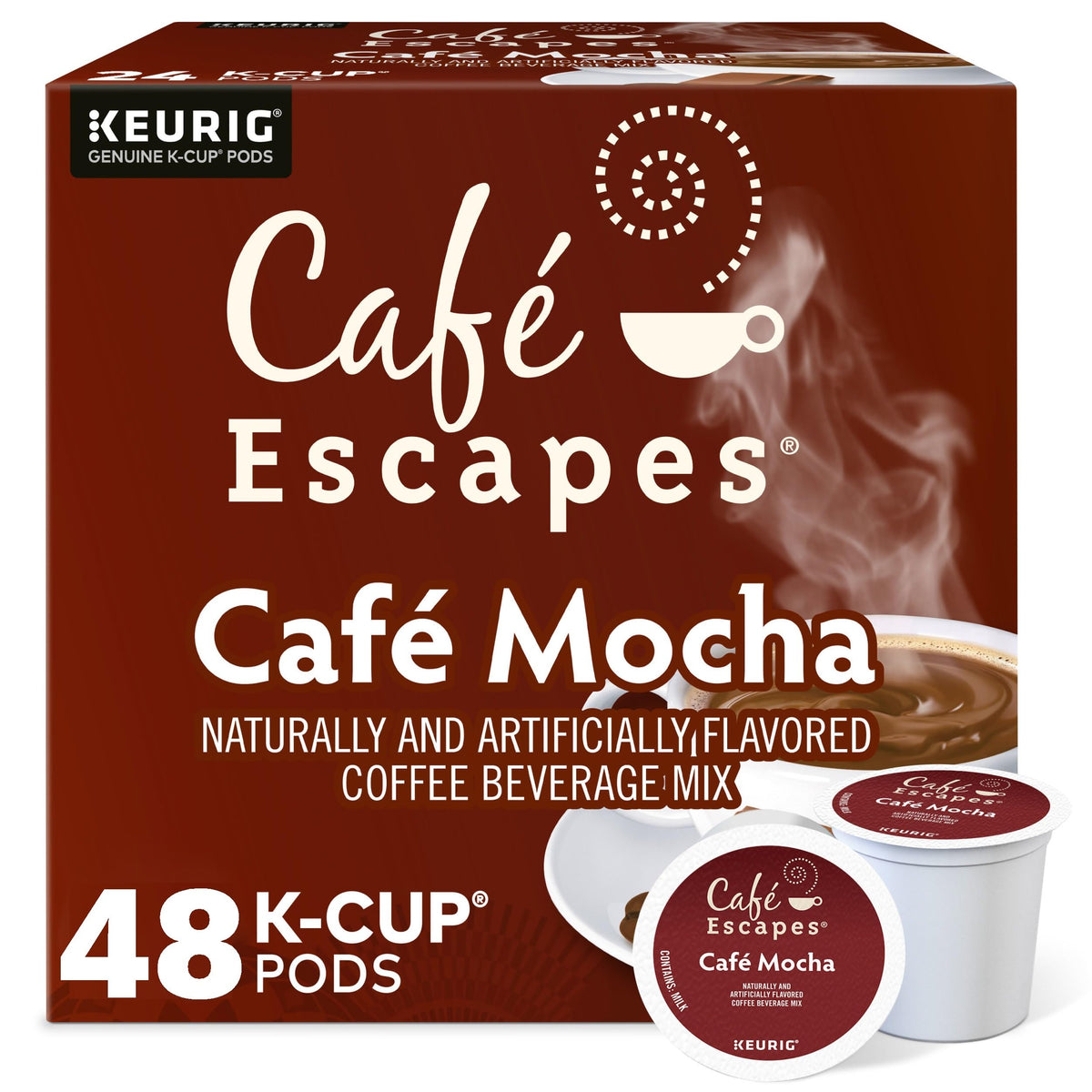 Cafe Escapes Cafe Mocha pod box shows two recyclable boxes for quick, convenient coffee moments