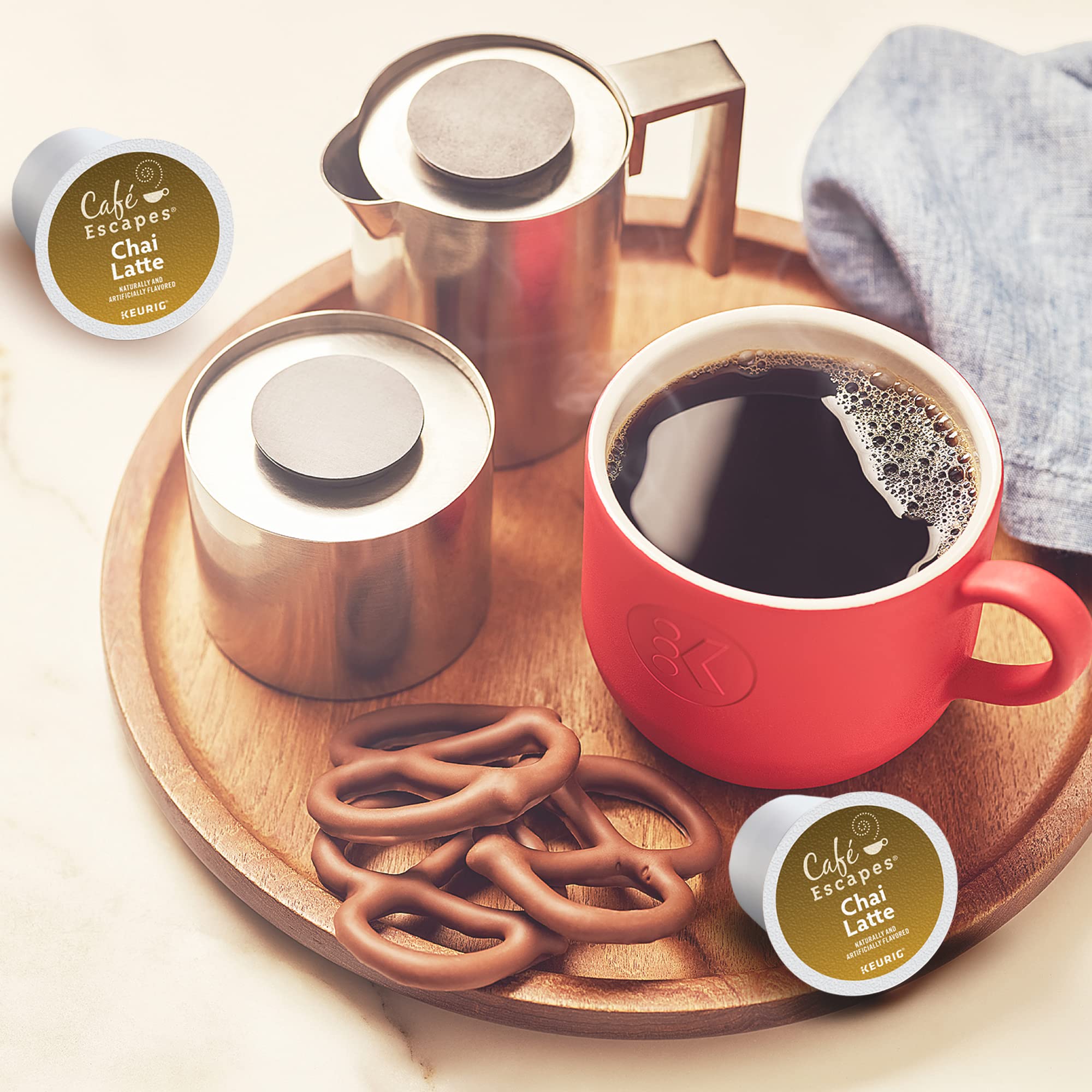 Cafe Escapes chai K-Cup with hot cup ready for a soothing sip.