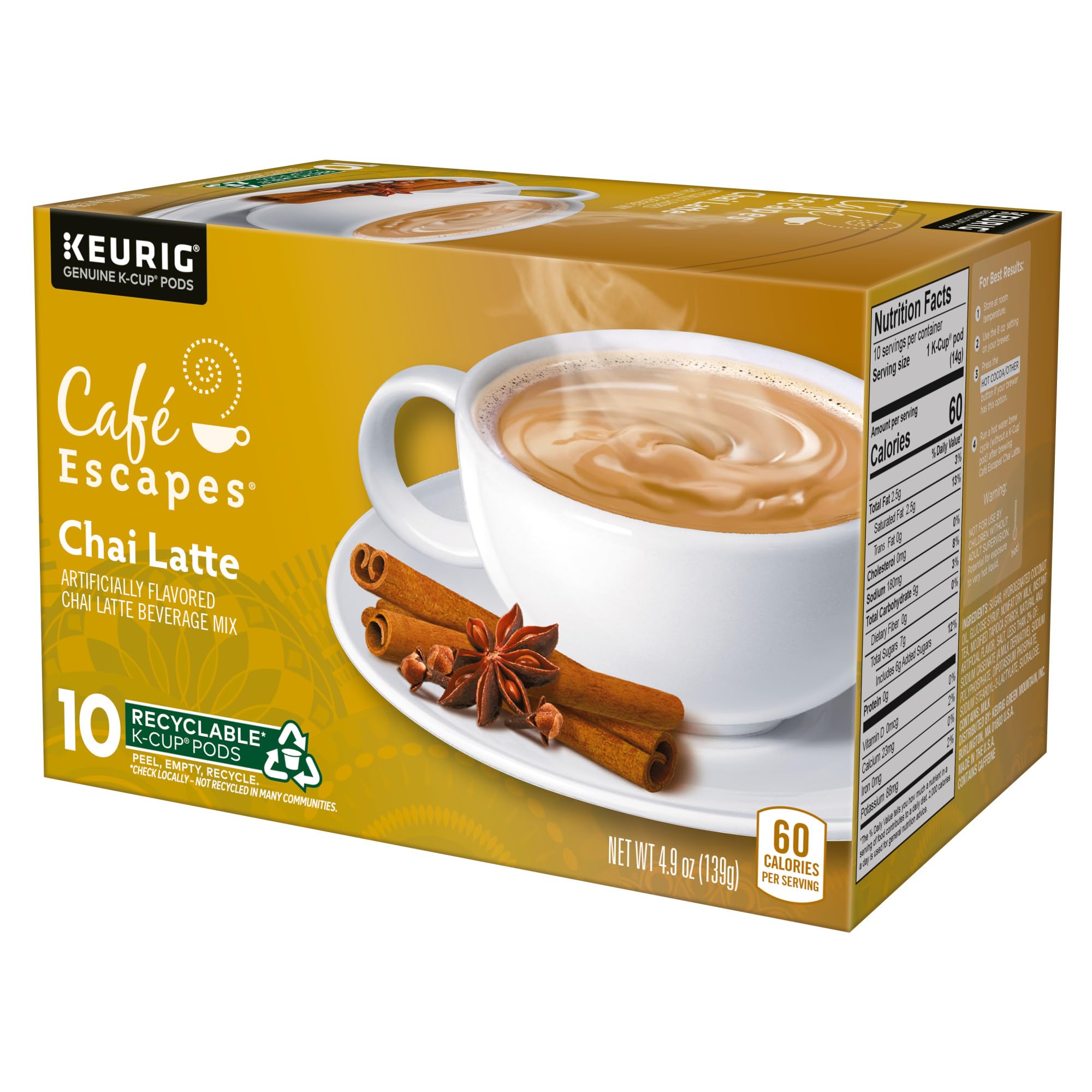 Café Escapes Chai Latte label highlights milk content and gluten free status.