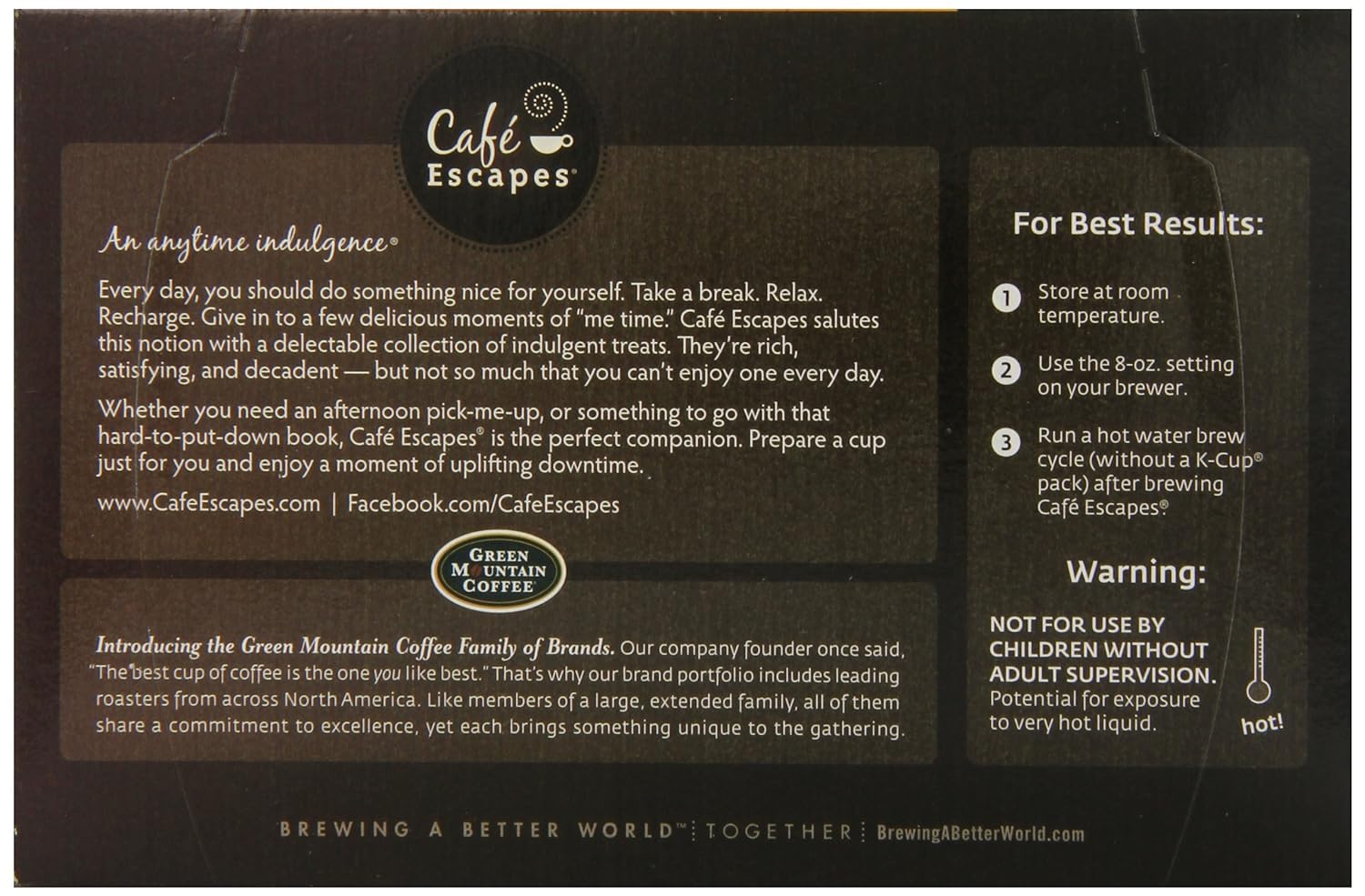 Café Escapes label showing caffeine and calorie details