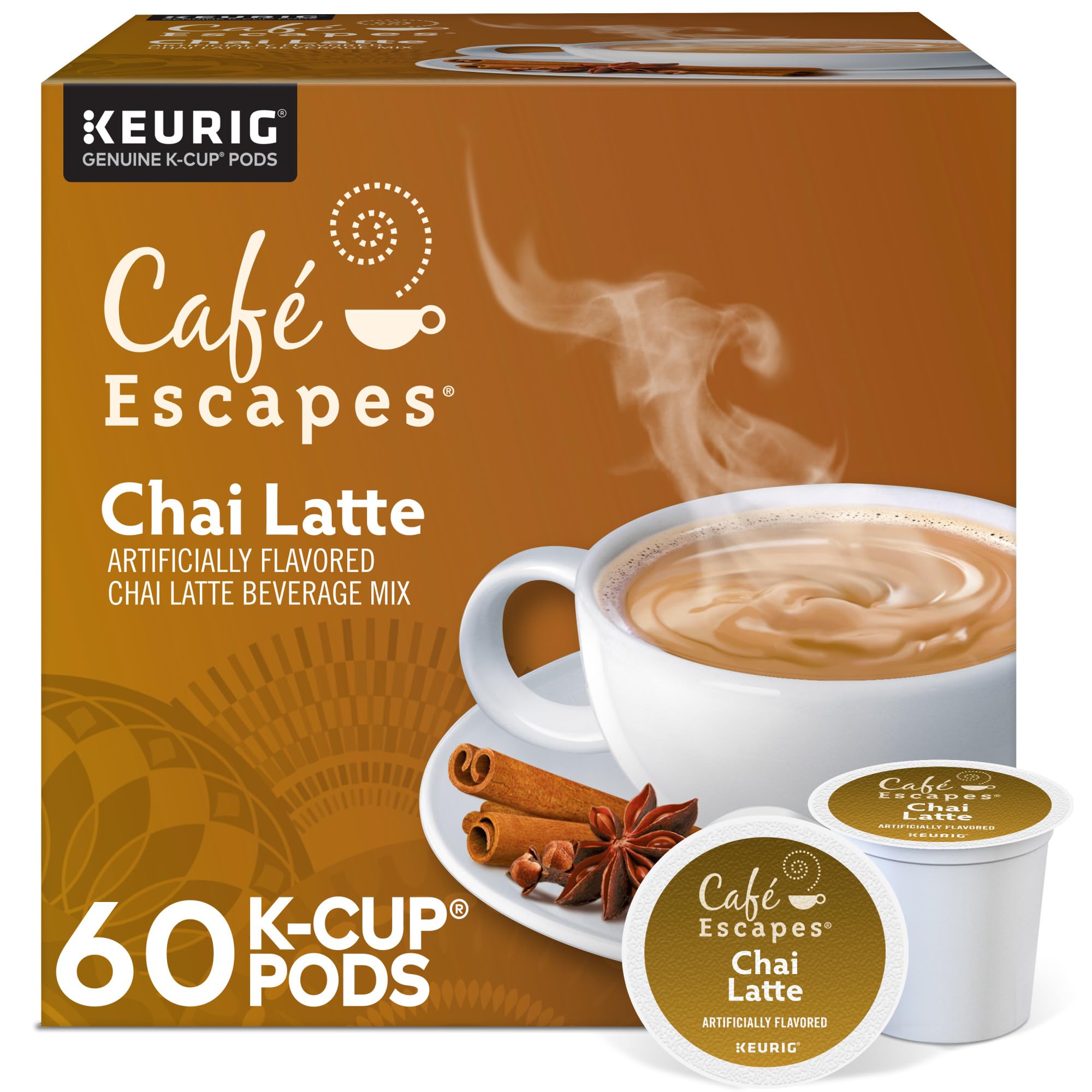 Café Escapes Chai Latte K-Cup pods in a 60-count box ready for quick indulgence.