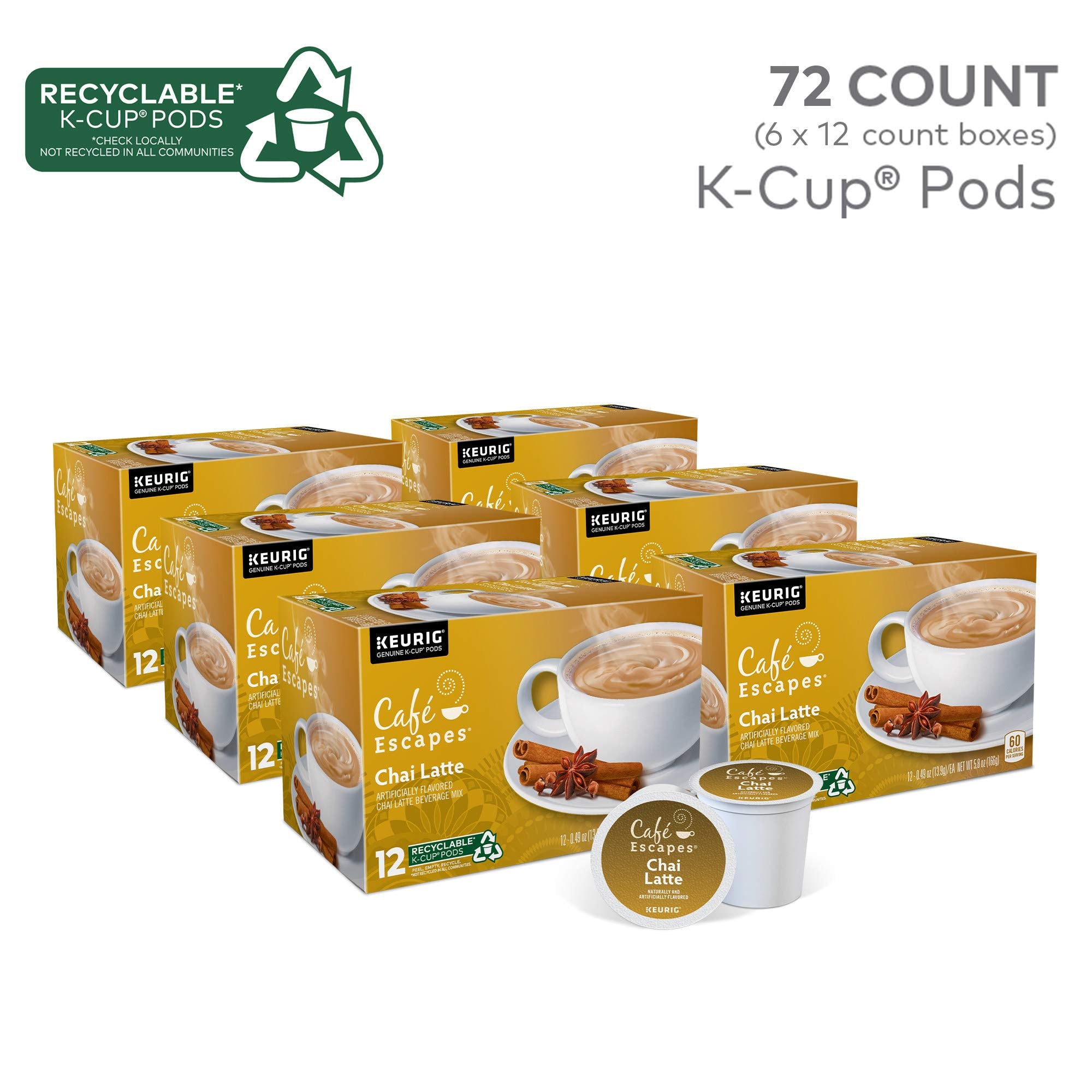 Café Escapes Chai Latte packaging front: 72-count box for convenient at-home breaks.