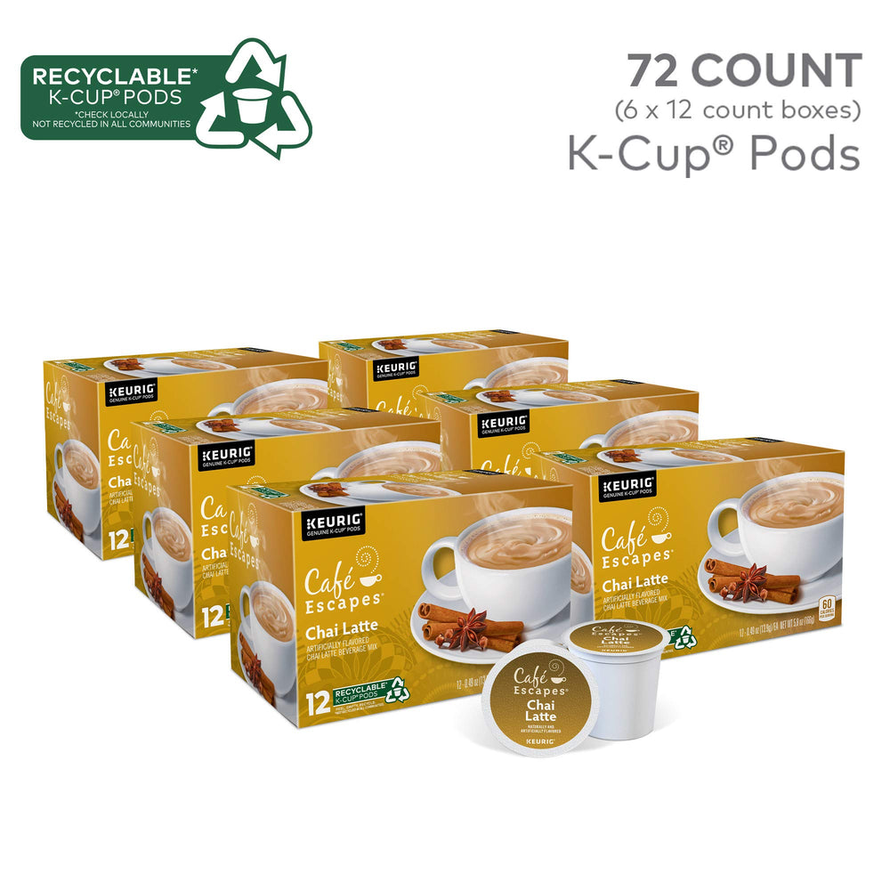 Café Escapes Chai Latte packaging front: 72-count box for convenient at-home breaks.
