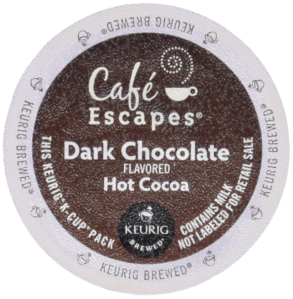 Cafe Escapes dark chocolate hot cocoa packaging showing 48 K-Cups for quick indulgence