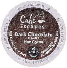 Cafe Escapes dark chocolate hot cocoa packaging showing 48 K-Cups for quick indulgence