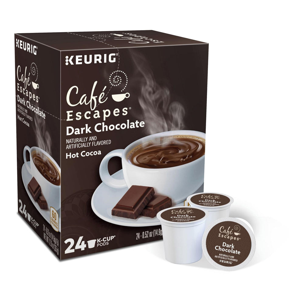 Cafe Escapes hot cocoa cups ready for Keurig brews with rich flavor.