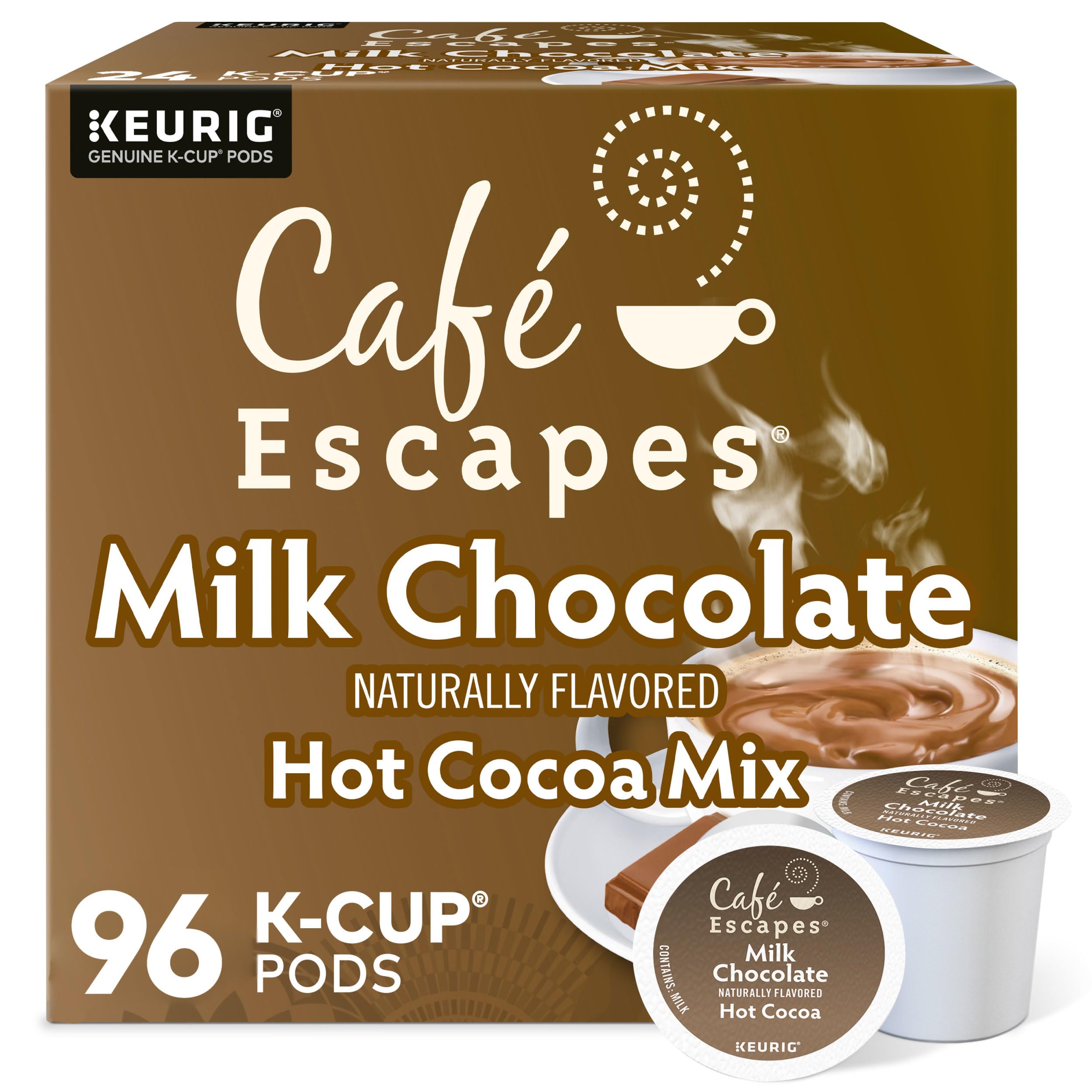 Cafe Escapes Milk Chocolate Hot Cocoa K-Cup pods deliver creamy indulgence for cozy mornings.