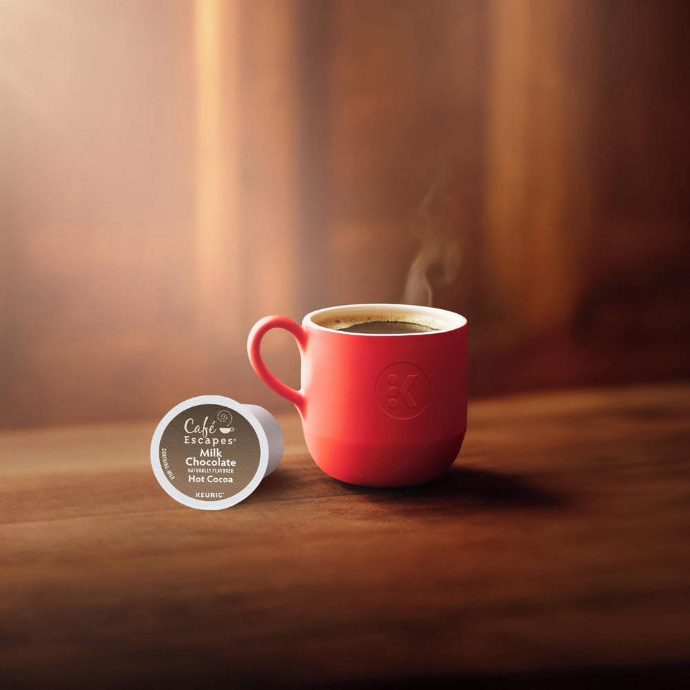 Cafe Escapes recyclable K-Cup pods enable recycling after a rich cocoa moment.