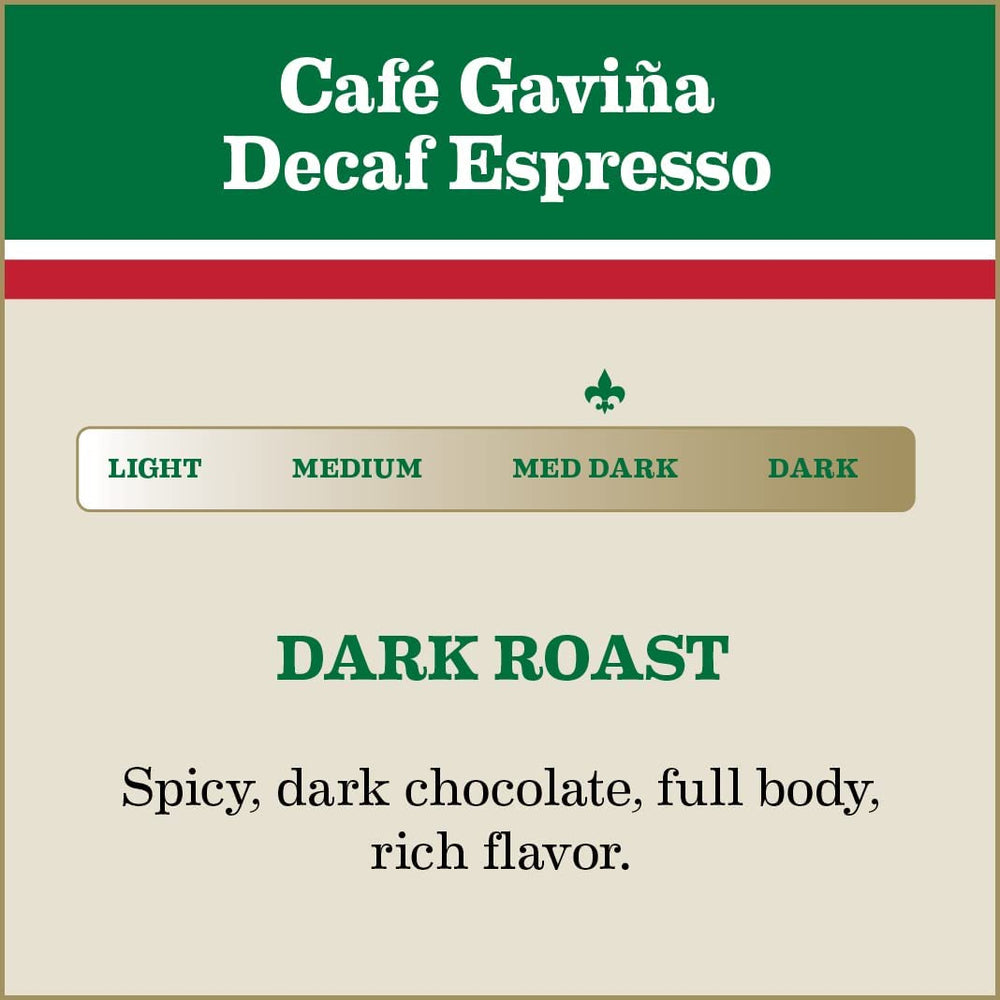 Cafe Gaviña decaf espresso close-up; crema and chocolate notes.
