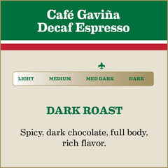 Cafe Gaviña decaf espresso close-up; crema and chocolate notes.
