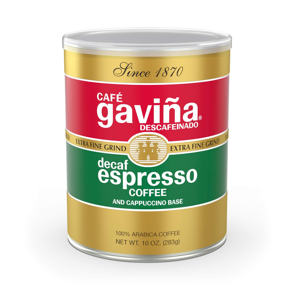 Café Gaviña decaf espresso roast can close-up, bold aroma without caffeine.