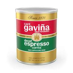 Café Gaviña decaf espresso roast can close-up, bold aroma without caffeine.