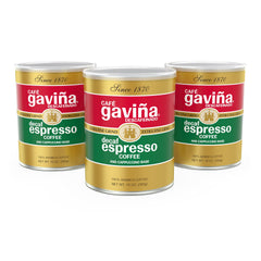 Cafe Gaviña decaf espresso roast; extra-fine grind for crema in espresso shots.