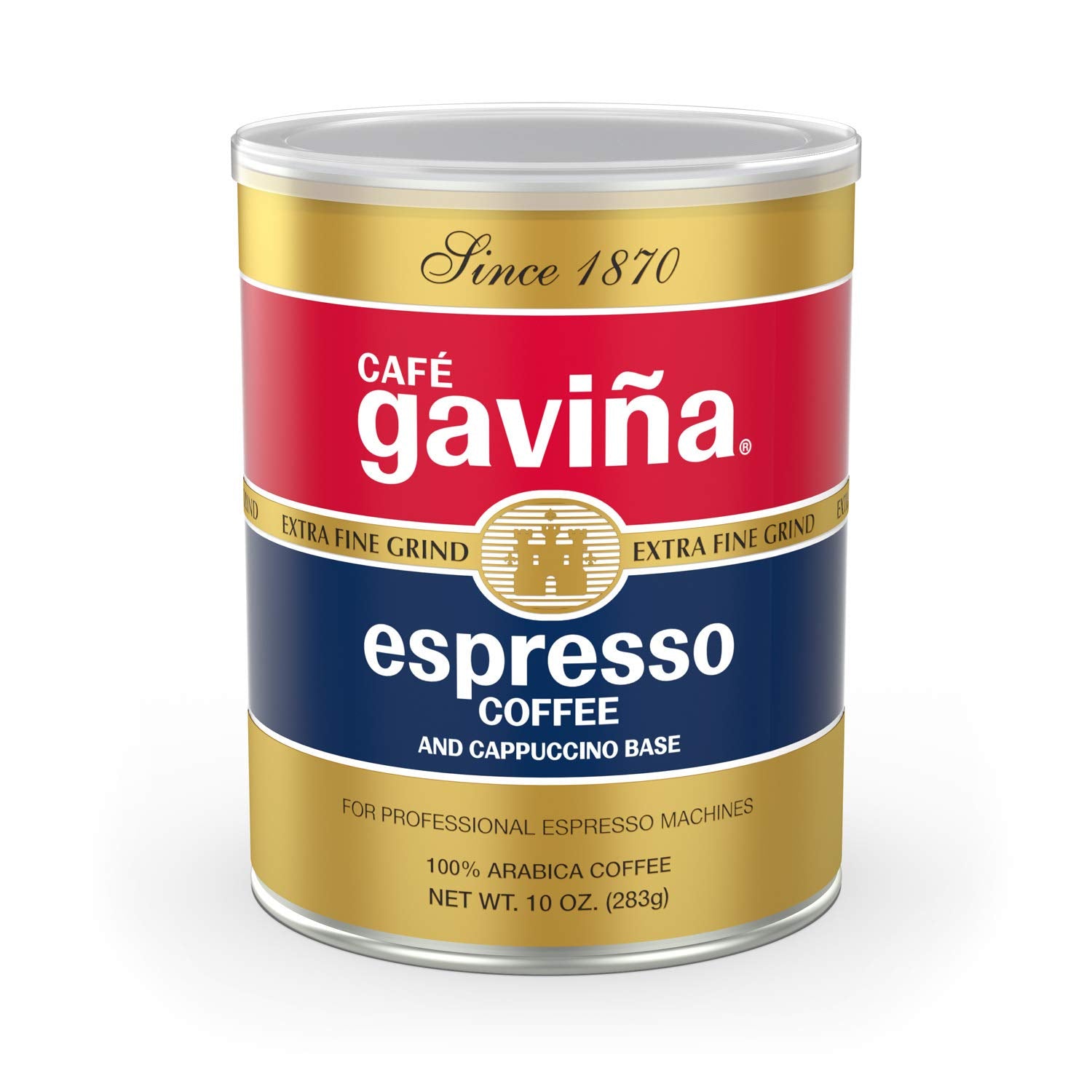 Café Gaviña Espresso Roast can with extra fine ground coffee for espresso.