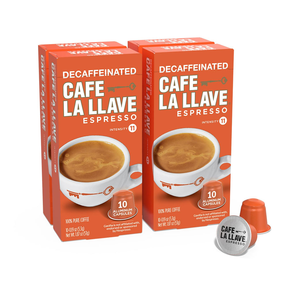 Cafe La Llave decaf pods pack shot showing aluminum capsules preserving freshness.