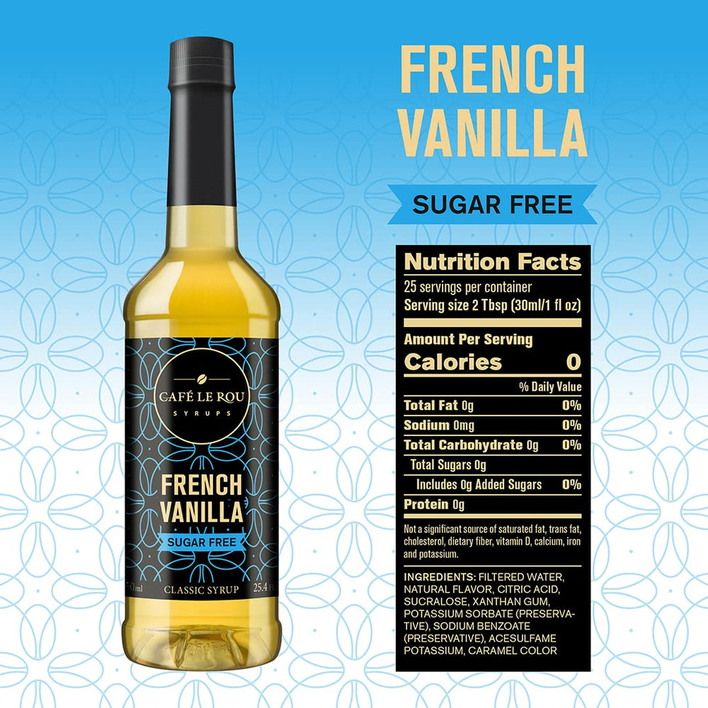 Café Le Rou hazelnut sugar-free syrup bottle offers nutty depth.