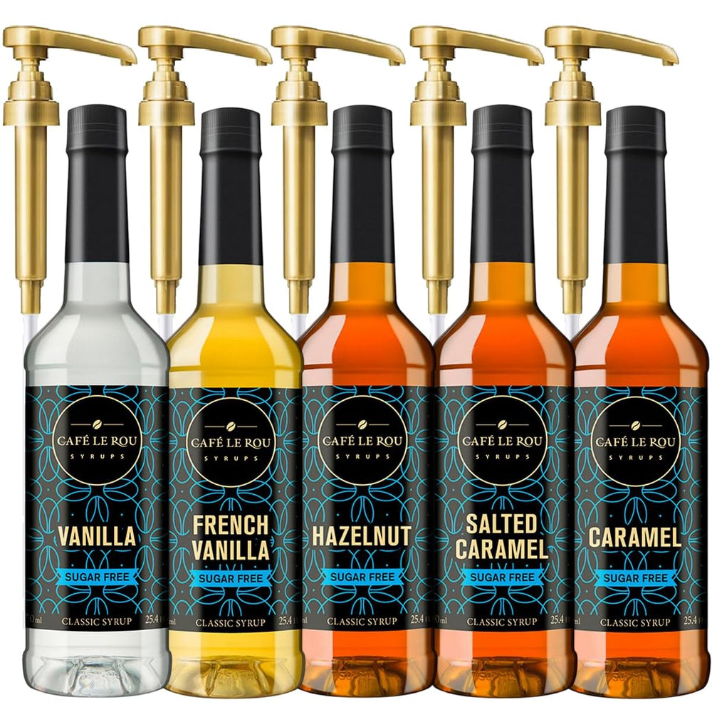 Café Le Rou vanilla sugar-free syrup bottle enhances coffee flavor without calories.