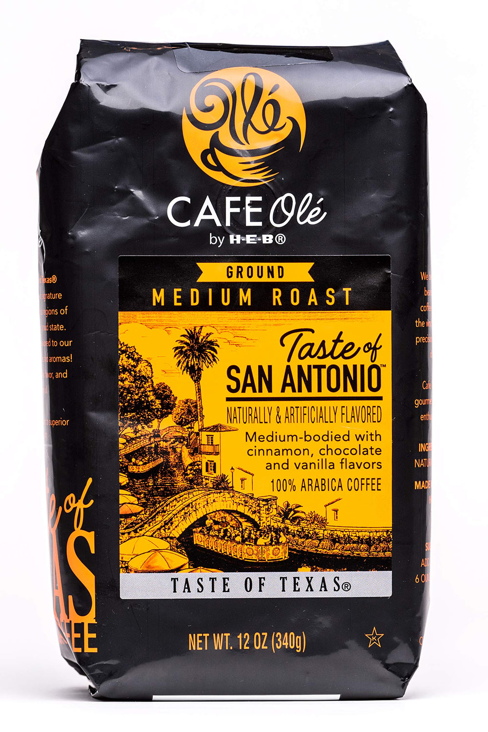 Cafe Ole Taste of San Antonio 12oz pack-shot showing cinnamon-chocolate-vanilla aroma