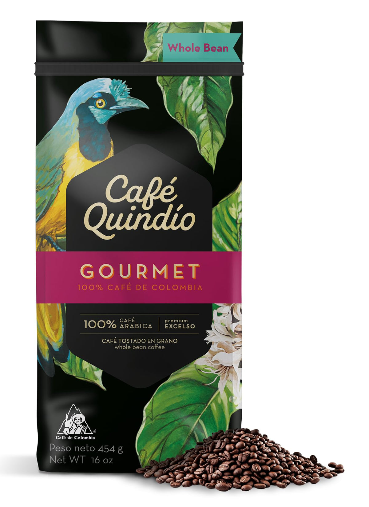 Cafe Quindio medium roast beans close-up, highlighting premium Excelso Arabica quality.