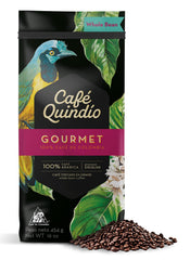 Cafe Quindio medium roast beans close-up, highlighting premium Excelso Arabica quality.