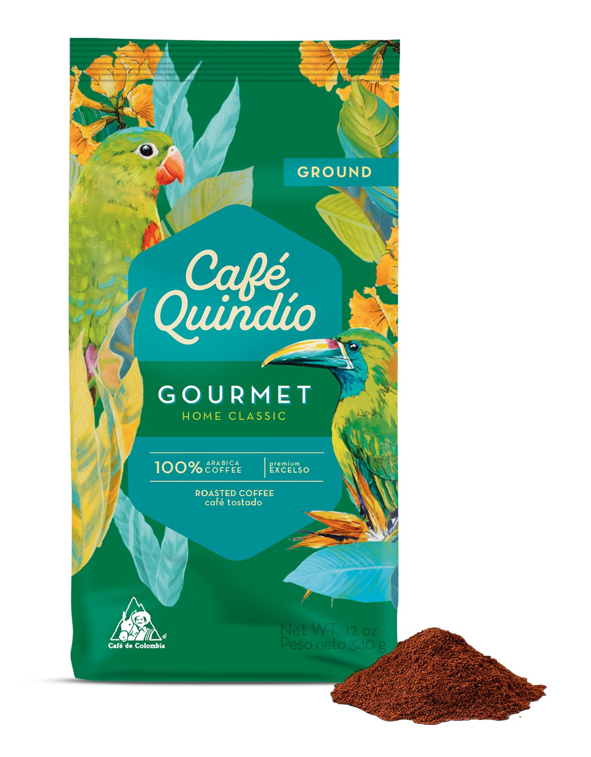 Cafe Quindio medium roast ground arabica coffee in a 12oz bag, ready to brew.
