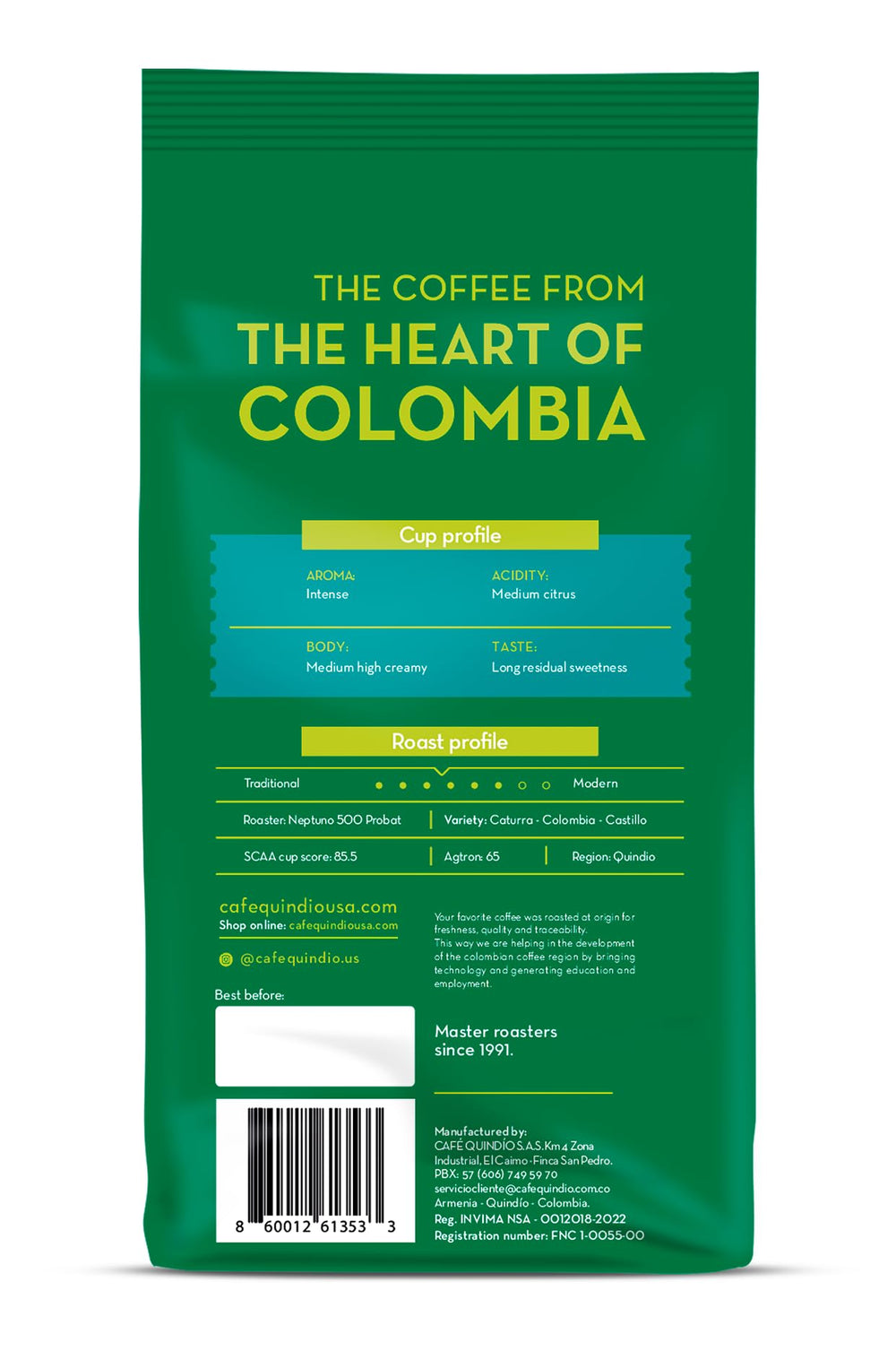 Cafe Quindio sustainable traceability label highlights fair sourcing.