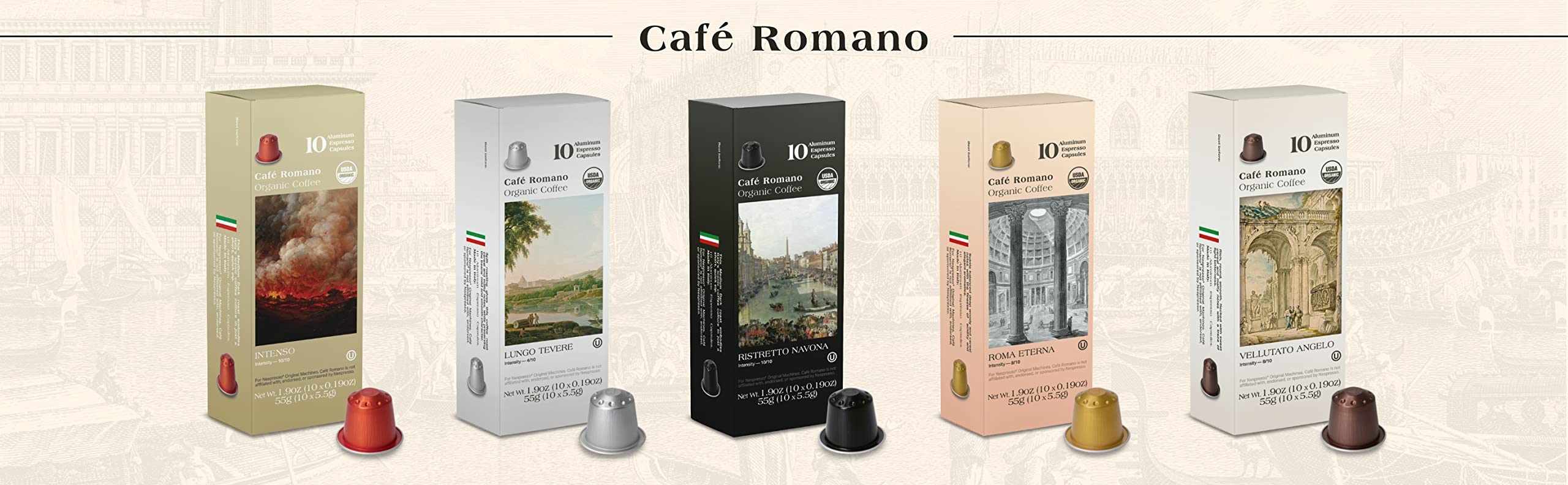 Cafe Romano Roma pod offers balanced, smooth espresso with a classic finish.