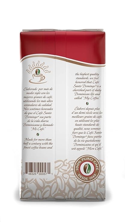 Café Santo Domingo INDUBAN 16oz bag back, highlighting caramel and hazelnut aroma.