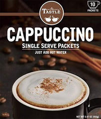 Cafe Tastlé cappuccino box showing 10 sachets for quick, café-quality beverages.