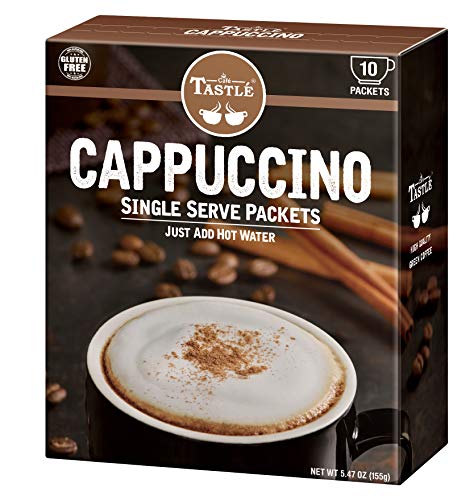 Cafe Tastlé cappuccino packet ready to brew with hot water for a rich cup.