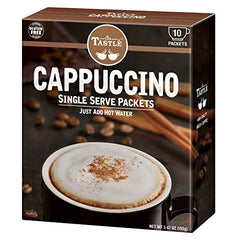 Cafe Tastlé cappuccino packet ready to brew with hot water for a rich cup.