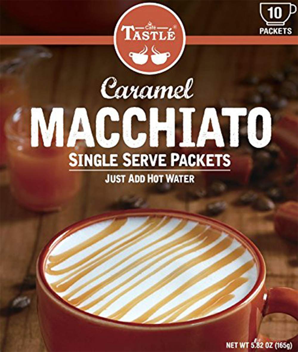 Cafe Tastlé Caramel Macchiato box image highlights 10-pack convenience.