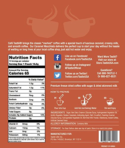 Cafe Tastlé Caramel Macchiato packets image emphasizes easy, on-the-go preparation.
