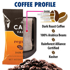 Disposable brew basket with coffee pack shown for mess-free cleanup.